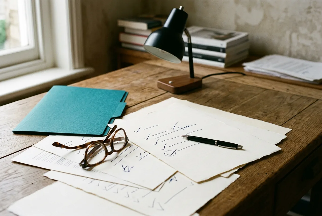 Editorial review desk with a notebook and reading glasses