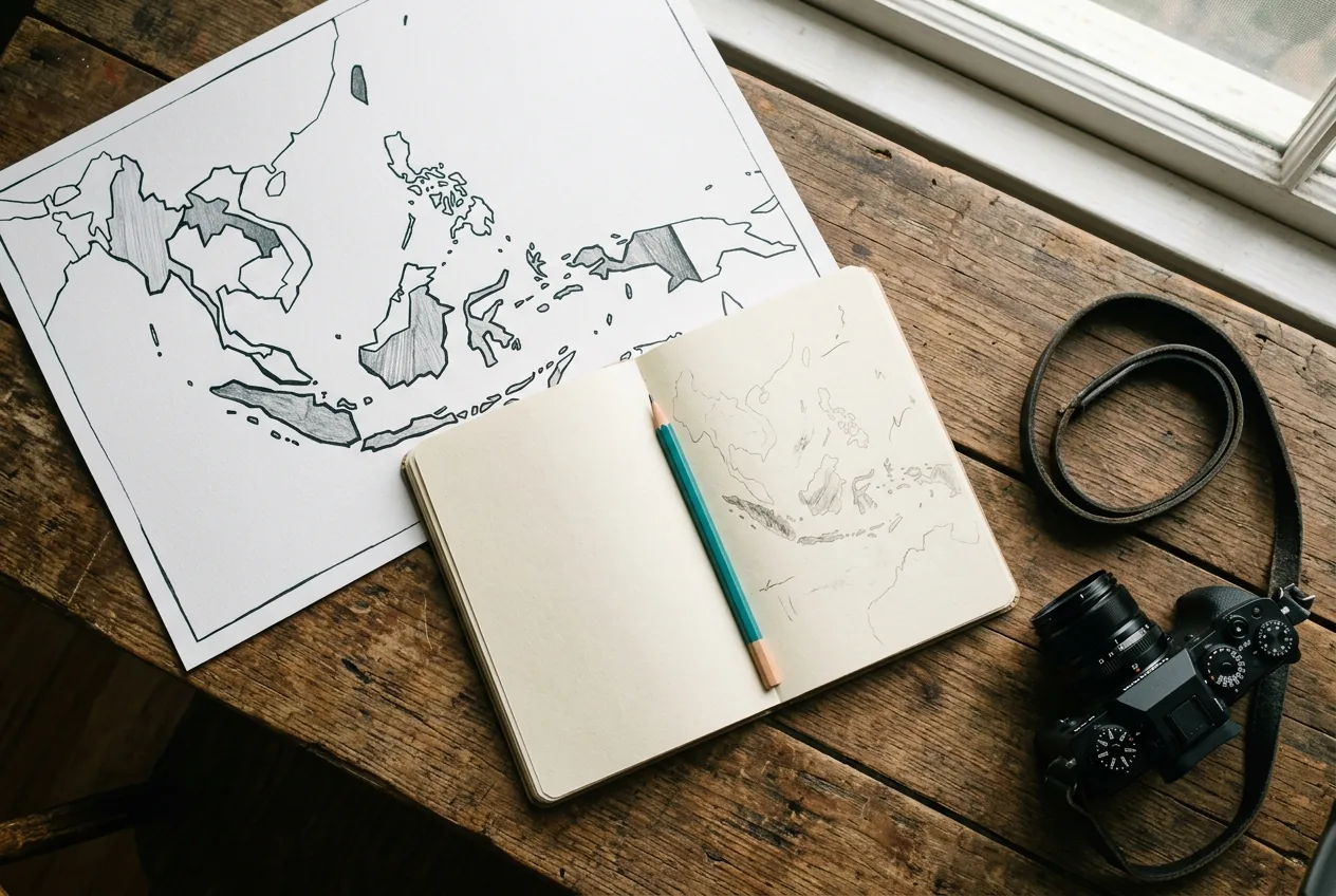 Generated editorial illustration of a Southeast Asian editorial workspace
