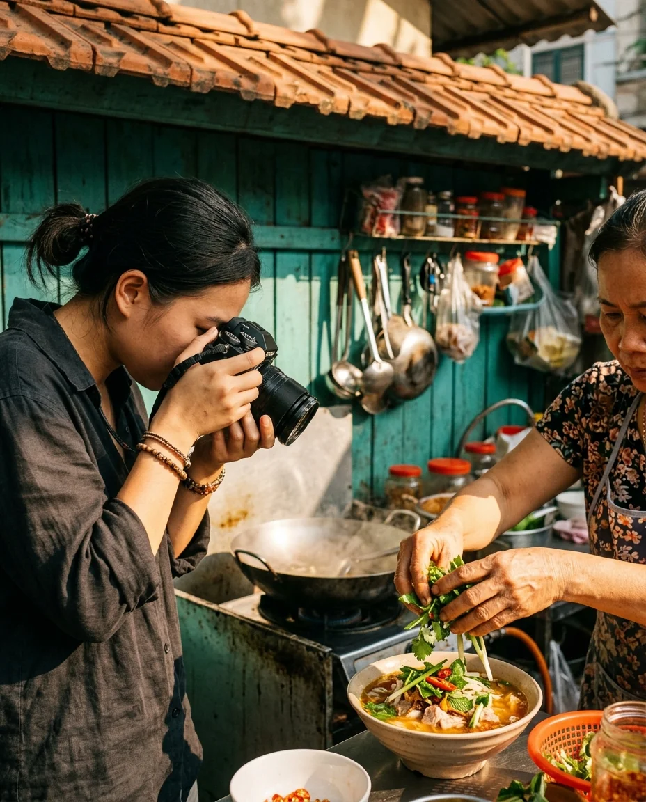 Generated editorial scene of a food storyteller photographing Southeast Asian food culture